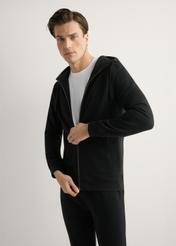 Men's black zip-up sweatshirt BLZMT-0078-99(W26), front view of the product on the model. Half of the silhouette visible.
