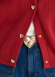 Red women's cardigan KARDT-0062-4B(W26), close-up of the product detail on the model.