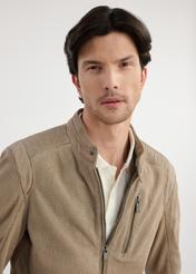 Beige men's genuine leather jacket KURMS-0369-2845(W25) - close-up of the front on the model on a white background.