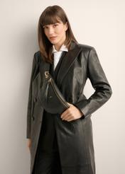 Women's black leather waist bag TORES-1319-99(Z26), front view of the product on a model. Half of the silhouette visible.