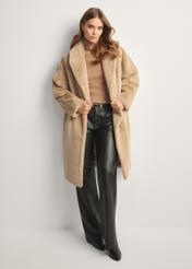 Long beige women's fur coat FUTDP-0064-81(Z25), product view from the front on the model, the entire silhouette is visible.