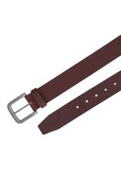 Brown men's leather belt PASMS-0271-1H(Z26), view of the buckle of the product on a white background.