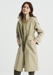 Women's olive colored coat with a button closure KURDT-0353-57(W22)-01