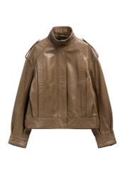 Brown oversize women's leather jacket KURDS-0648-9B(Z26), front product view on white background.