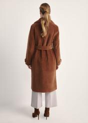 Long woolen fur coat in camel color FUTDW-0019A-1D(Z26)  - product view from the back on the model on a white background. The whole silhouette is visible.