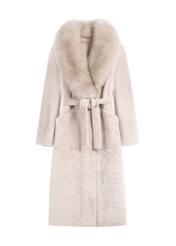 Light beige double-sided long women's sheepskin coat KOZDS-0089-3037(Z25) - front product view on a white background.