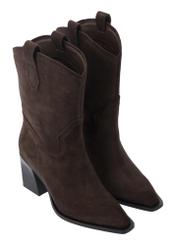 Dark brown suede women's ankle boots BUTYD-1336-1I(Z26), diagonal product view on a white background.