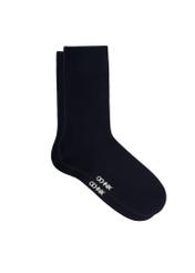 Men's long navy blue socks SKAMT-0019A-7E(W26), side product view on white background.