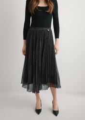 Polka dot pleated midi skirt SPCDT-0110-9P(W26), product view from the front on the model, half of the silhouette visible.