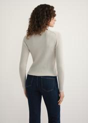 Beige women's wool sweater SWEDT-0259-1B(W26) - back view of the product, on a model, against a light background. Knee-length silhouette visible.