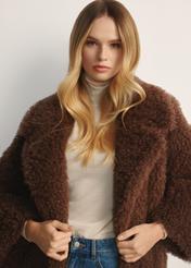Women's brown short fur coat FUTDP-0076-1H(Z26) - front view of the product on a model, against a white background. Half of the silhouette visible.