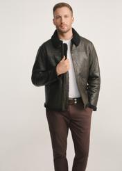 Brown men's leather jacket with sheepskin KURMS-0386-0704(Z25), product view from the front on the model, half of the silhouette visible.