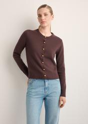 Women's brown wool cardigan KARDT-0058-1I(Z26), front view of the product on the model's silhouette. Half of the silhouette visible.