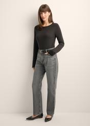 Gray women's denim trousers JEADT-0016-9B(Z26), product view from the front on the model, the entire silhouette is visible.
