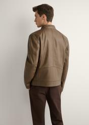 Brown men's leather jacket KURMS-0400-1H(W26), product view from the back on the model. Half of the silhouette visible.