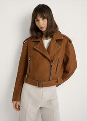 Cognac leather biker jacket KURDS-0610-1F(W26), front view of the product on the model. Half of the silhouette visible.