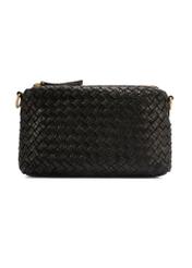 Black leather handbag with decorative weave TORES-1243-9P(W26), product view from the back on a white background.