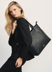 Black leather shopper bag TORES-0980D-99(Z25), view of the product on the model's shoulder.