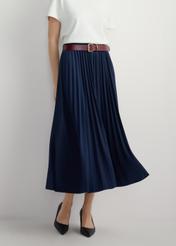 Navy blue pleated midi skirt SPCDT-0096-7E(W26), front product view on model. Half silhouette visible.