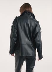 Black oversize women's leather jacket KURDS-0555-2878(Z25), product view from the back on the model, half of the silhouette visible.