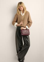 Small burgundy leather handbag TORES-1362-4D(Z26), product view on model's shoulder. Full body visible.