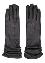 Women's black leather gloves with ruffles REKDS-0102-99(Z26), product view from above on white background.