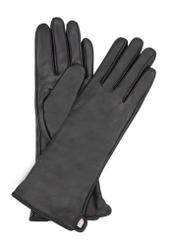 Long black leather women's gloves REKDS-0082A-99(Z26), product view from the front and back on a white background.