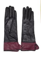 Black and burgundy women's leather gloves REKDS-0094-99(Z25) - top view of the product on a white background.