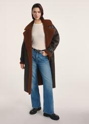 Long brown women's sheepskin coat KOZDP-0014-90(Z25) - front view of the product on a model on a white background. The entire silhouette is visible.