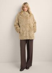 Women's short light beige fur coat FUTDP-0088-1A(Z26), front view of the product on the model. Full body visible.