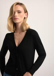 Black women's cardigan KARDT-0061-99(W26), close-up of the product on the model's silhouette.