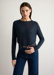 Thin navy blue women's sweater SWEDT-0257-7E(W26), product view from the front on the model, half of the silhouette visible.