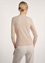 Beige women's V-neck blouse LSLDT-0036-80(Z24), product view from the back on the model, half of the silhouette visible.
