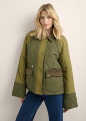 Women's khaki jacket KURDT-0665-8B(Z26), front view of the product on the model. Half of the silhouette visible.