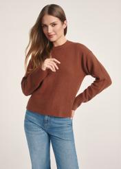 Brown women's sweater SWEDT-0242-89(Z25), front view of the product on the model. Half of the silhouette visible.