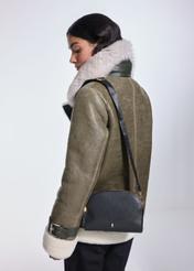 Black small women's handbag TOREC-0036E-99(Z25), front view of the product on a model. Half of the silhouette visible.
