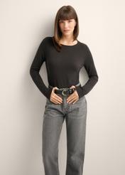 Black women's cashmere sweater SWEDT-0260-99(Z26), front view of the product on the model, half of the silhouette visible.