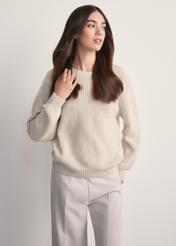 Beige women's sweater SWEDT-0238-81(Z25), front view of the product on the model. Half of the silhouette visible.