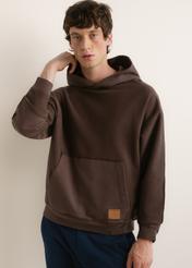Dark brown men's cotton sweatshirt with hood BLZMT-0086-1I(Z26), front view of the product on the model. Half of the silhouette visible.