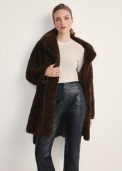 Women's brown leopard print fur coat FUTDP-0074-89(Z25) - front view of the product on a model, against a white background. Knee-length silhouette visible.