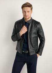 Men's leather jacket with stand-up collar KURMS-0301-99(W26), front view of the product on the model, half of the silhouette visible.