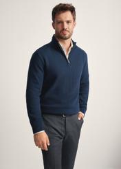 Men's navy blue zippered sweater SWEMT-0167-68(Z25), front view of the product on the model. Half of the silhouette visible.