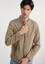 Beige men's jacket made of genuine leather KURMS-0369-2845(W25) - front view on a model on a white background. Half of the silhouette visible.