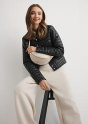 Cream leather women's waist bag TORES-0894E-0B(W26), front view of the product on the model's silhouette.