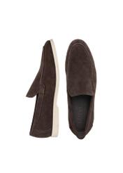 Men's dark brown suede moccasins BUTYM-0526-1I(W26), product view from above on white background.