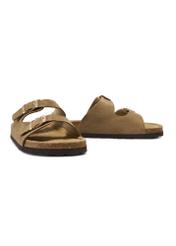 Women's leather flip-flops in cool beige color BUTYD-1158-1K(W26), diagonal product view on a white background.
