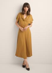 Mustard modal dress SUKDT-0287-2D(Z26), front view of the product on the model. Full body visible.