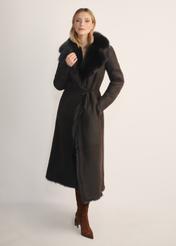 Women's brown double-sided leather sheepskin coat KOZDS-0088-3096(Z25) - front product view on white background. Full body visible.