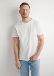 Men's white cotton T-shirt TSHMT-0149-0B(W26), front view of the product on the model. Half of the silhouette visible.