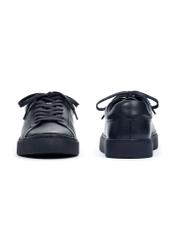 Navy blue leather sports shoes BUTYM-0503A-7E(W26), front and back product view on white background.